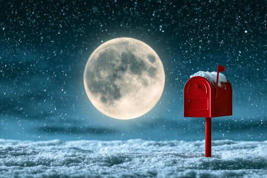 Red North Pole Christmas Mailbox Under Moonlit Snowy Sky