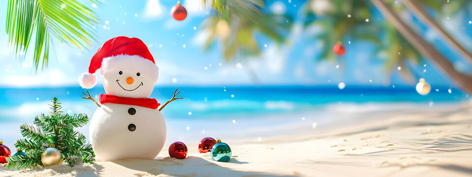 A snowman wearing a Santa hat, decorated with Christmas baubles, stands on a tropical beach among palm trees, against the backdrop of the ocean and clear sky&mdash;an unusual Christmas scene for a holiday