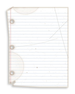 Vintage lined paper sheet with torn edges and punched holes featuring retro design elements on transparent background