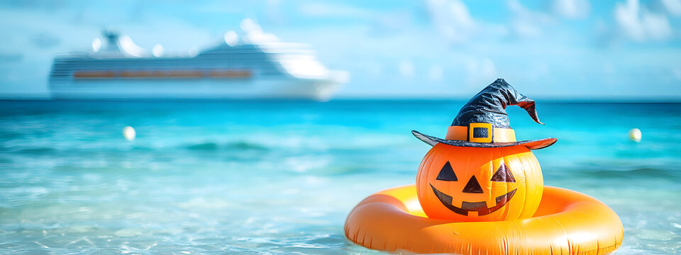 Halloween pumpkin in a witch's hat floats in an inflatable beach ring in the ocean against the backdrop of a cruise ship and sunny sky