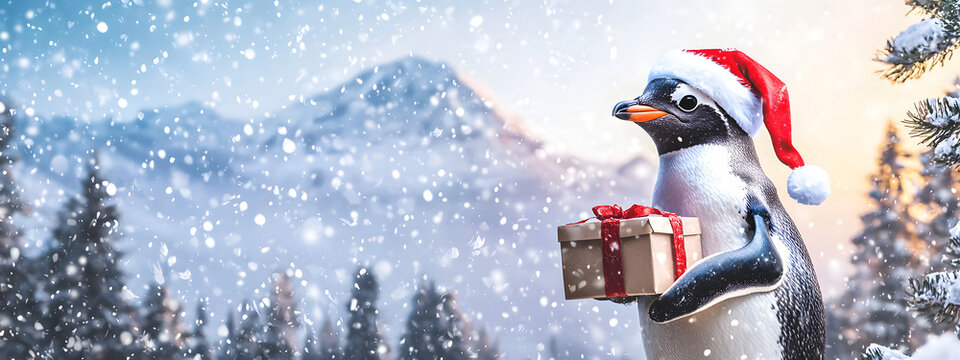 A penguin in a Santa Claus hat poses with a gift box in a snowy meadow, with a winter forest spreading out behind him&mdash;a cute character for holiday cards and Christmas advertising