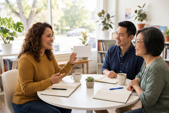 Language tutor teaching two adult learners at a bright table