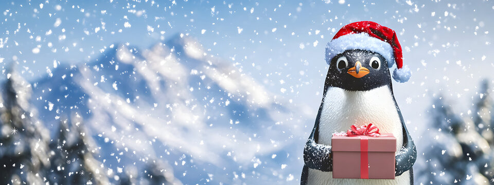 A penguin in a red Santa hat holds a gift box in a snow-covered clearing amidst a winter forest&mdash;a sweet, festive image for Christmas cards and seasonal advertising