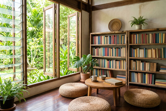 Sunny reading corner of a small village library
