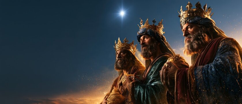 Three Wise Men Bearing Golden Gifts Beneath Bethlehem Star
