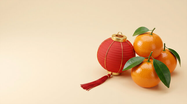 3D mandarin oranges and a red paper lantern on a cream background