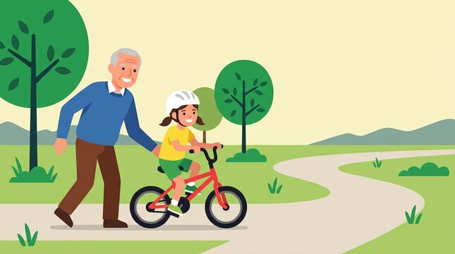 Grandfather teaching his granddaughter to ride a bike, flat vector