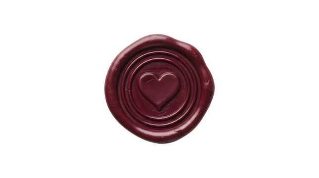 A dark red sealing wax stamp featuring a raised heart symbol in the center surrounded by three concentric circular grooves, with a glossy, irregular circular outer edge isolated on a white background