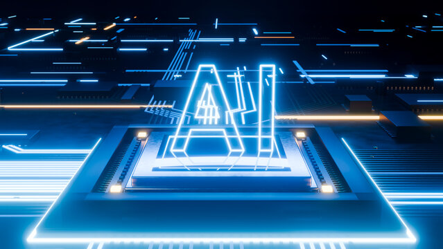 Glowing artificial intelligence letters on a microchip circuit board
