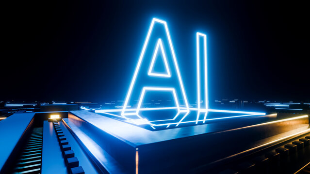 Glowing ai letters on futuristic digital microchip
