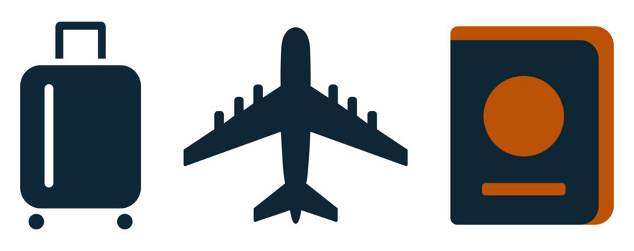 Set of travel icons including a suitcase, an airplane, and a passport document