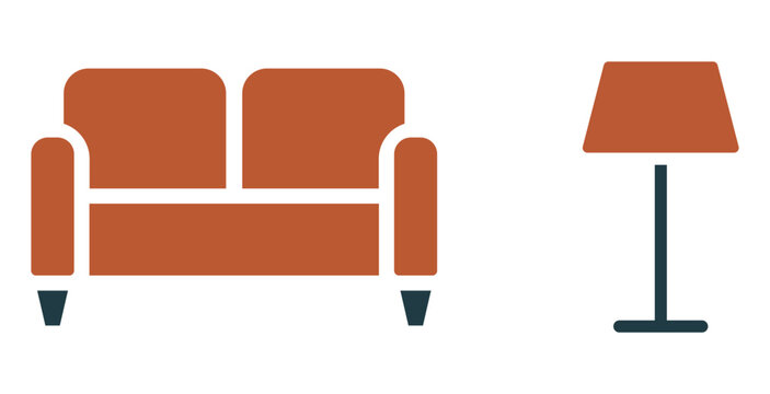 Minimalist flat vector icon set featuring a comfortable twoseater sofa and a modern floor lamp