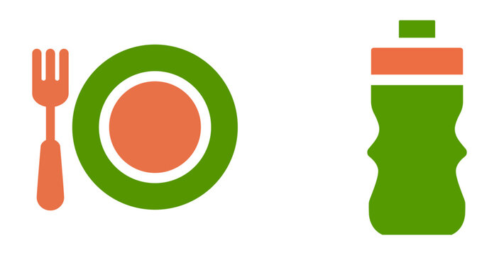 Minimalist flat icons of a fork with a plate and a water bottle for healthy lifestyle concepts