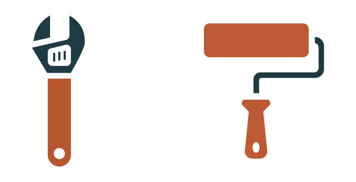 Adjustable wrench and paint roller icons for home improvement and construction projects