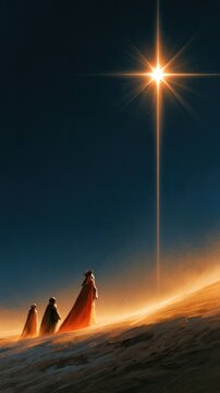Three Wise Men Following Radiant Bethlehem Star Across Desert