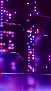 Purple neon light panels with glowing square and diamond shapes