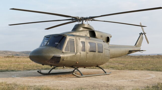 Military helicopter landing zone with olive drab utility helicopter on remote airfield helipad, side view of unmarked rotorcraft, military aviation transport and tactical operations