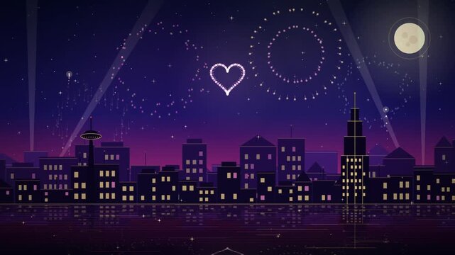 Night city skyline vector illustration with heart firework display spotlight searchlights and full moon