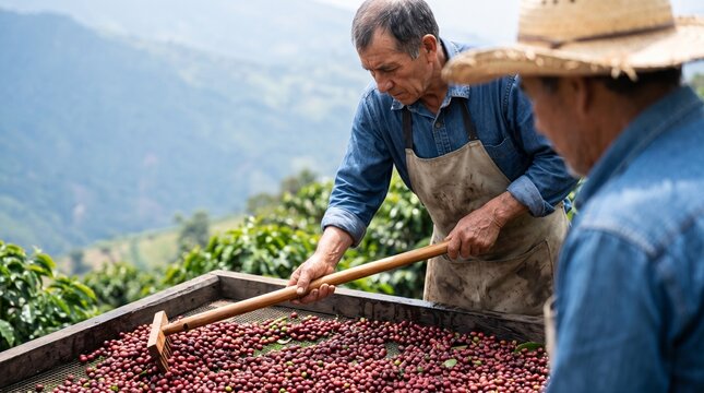 Senior male farmer wearing a dirty apron using a wooden rake to spread fresh red coffee cherries on a mesh drying rack with mountains in the background