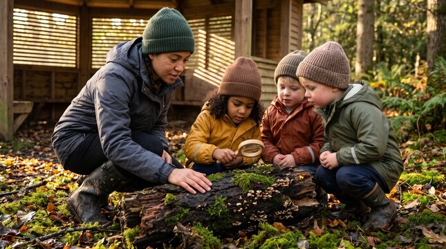 Teacher and three diverse young children crouching in an autumn forest, using a magnifying glass to examine moss and fungi on a decaying log