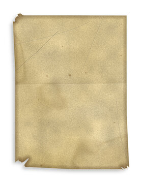 Old antique paper parchment sheet featuring torn edges texture stains scratches and creases isolated on transparent background