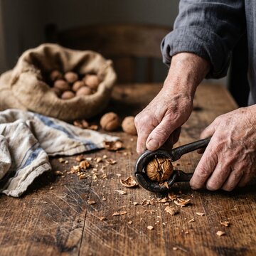 Senior hands cracking organic walnuts with a vintage metal nutcracker on a rustic wooden table with a burlap sack in the background
