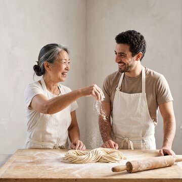 Happy senior Asian woman and young man wearing aprons, laughing and sprinkling flour over fresh homemade noodles on a wooden table