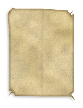 Old parchment paper sheet with torn edges and folds featuring realistic textures isolated on transparent background