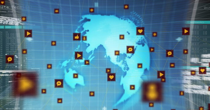 Digital icons connecting across global network on virtual world map background