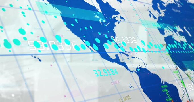Digital map displaying global data points and analytics in futuristic interface