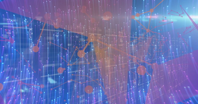Glowing blue digital network with interconnected lines and nodes, abstract background
