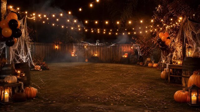 Halloween party courtyard with pumpkins, cobwebs and festive string lights. Spooky outdoor celebration. Autumn holiday decor. Haunted attraction and seasonal event setting.