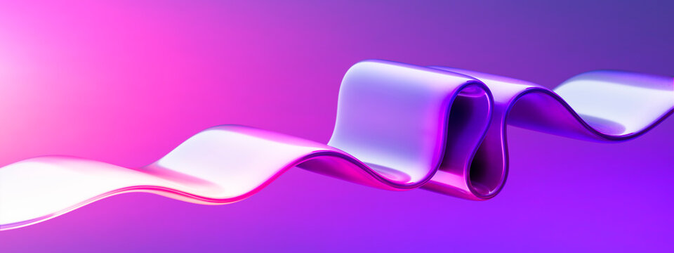 Single Horizontal Silver Wave Ribbon on Purple Gradient, Minimal 3D Flow Background