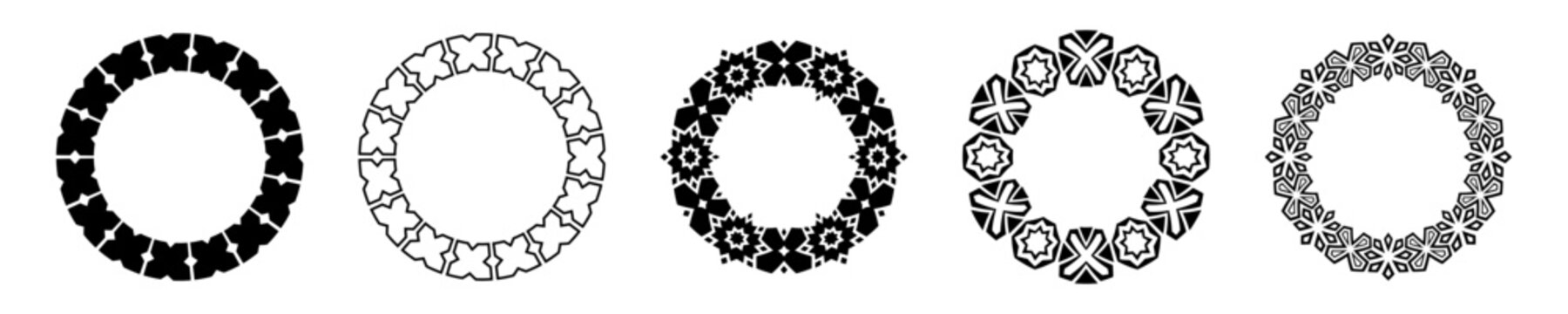 Set of five black decorative round borders isolated on white background. Ethnic geometric circle frames with tribal, Arabic and Aztec motifs. Monogram style templates for logos, stamps, invitations.