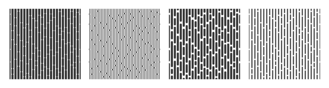set of four seamless vector patterns. Striped patterns. Abstract geometric striped backgrounds. Rectangles with rounded corners. Black stripes isolated on white background. Monochrome stylish textures