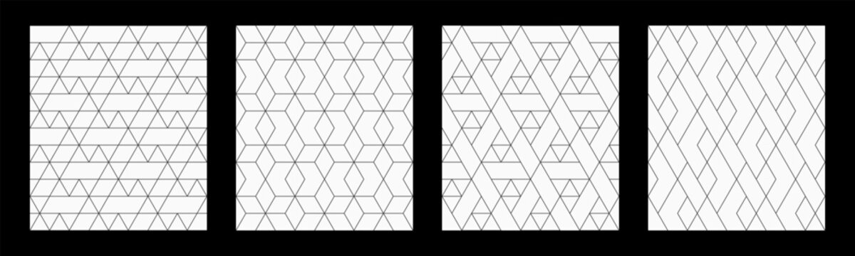 Set of four vector seamless patterns. Polygonal trellis on the base of triangular grid. Triangles, geometric shapes outline patterns. Abstract seamless black and white vector backgrounds.