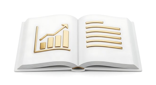 Open book with gold financial growth charts business investment education