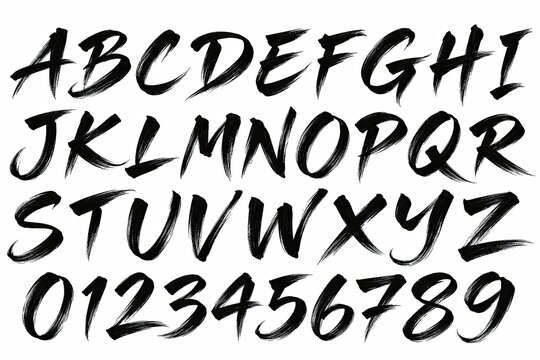 Expressive black brush calligraphy alphabet and numerals arranged in rows on a white background.