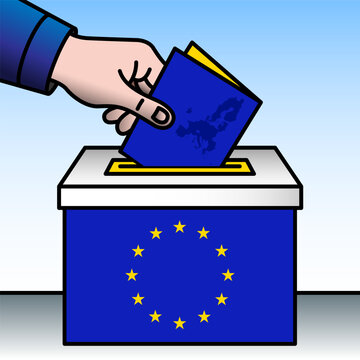 European Union, ballot box, flag and hand inserting a ballot paper into a ballot box, vector illustration