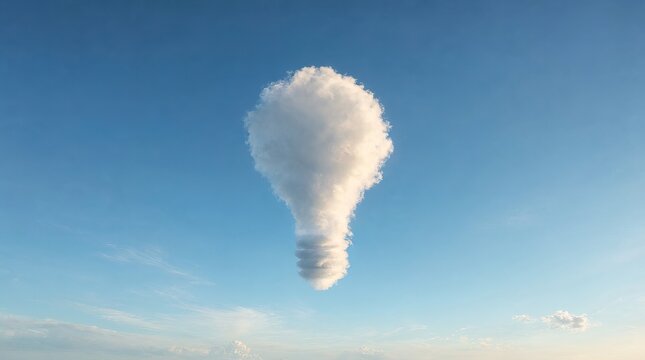 Minimalist Conceptual View of a White Lightbulb Shaped Cloud in a Wide Open Bright Blue Clear Sky