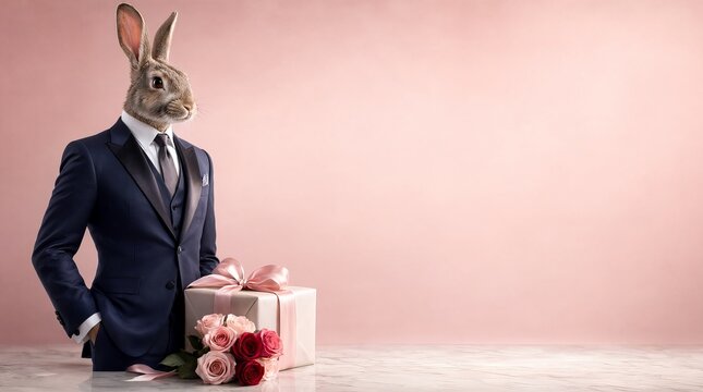 Elegant Anthropomorphic Rabbit Gentleman in Navy Suit Offering Valentines Gifts on Pink Background.