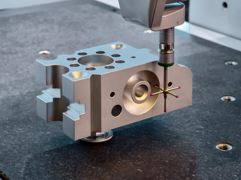 Coordinate measuring probe checks a machined metal component on a granite table
