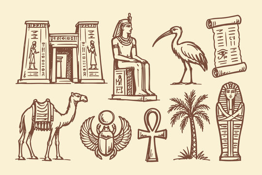Hand Drawn Ancient Egypt Set with Temple, Pharaoh Statue, Ibis, Papyrus Scroll, Camel, Scarab, Ankh, Palm Tree and Sarcophagus Engraving Style Sketch