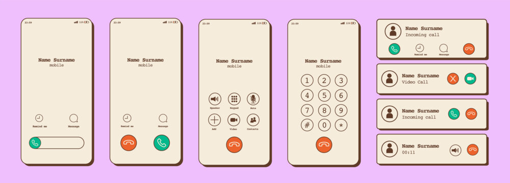 Retro 90s mobile phone call screen interface set with notifications, incoming, outgoing, and video call layouts. Vintage smartphone design elements. Vector illustration isolated on background.