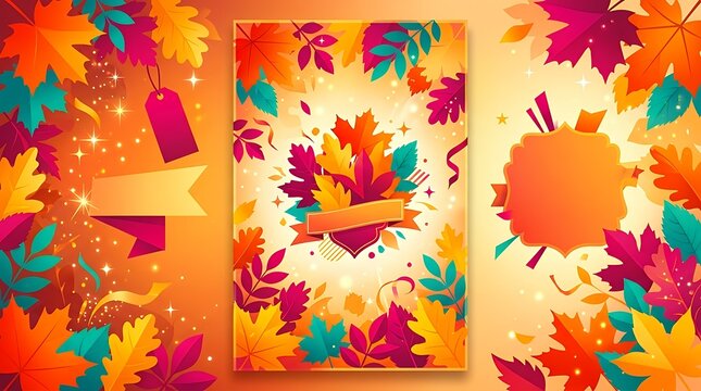 Seasonal promotional poster featuring bright foliage silhouettes and promotional markdown text sale banner summer tropical leaves palm branches white orange text yellow background backdrop discount