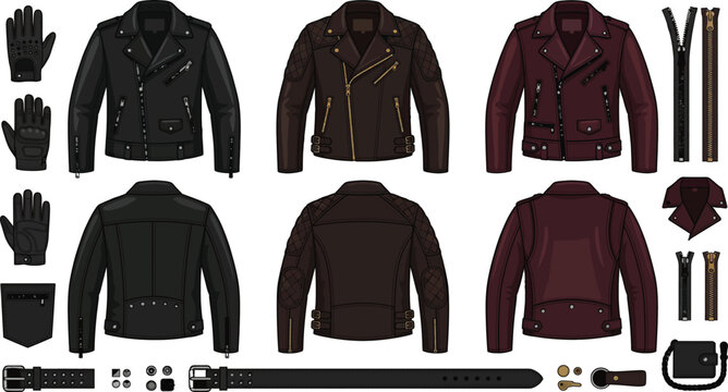 Flat vector illustration set of leather biker jackets and motorcycle apparel featuring front and back views, gloves, zippers, belts, and edgy outerwear