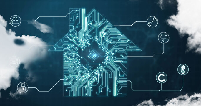 Futuristic house symbol emerges from clouds in 4k digital artwork.