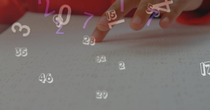 Image of changing numbers over cropped hand of blind child reading book