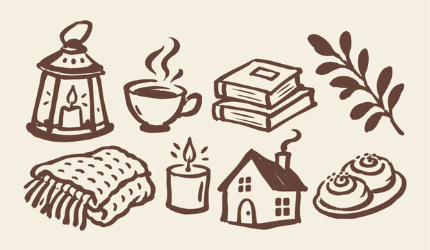 Hand Drawn Cozy Home Set with Lantern, Steaming Cup, Books, Olive Branch, Knit Blanket, Candle, House and Cinnamon Buns Brush Ink Style