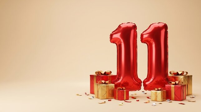 birthday celebration decor, two shiny red foil balloons shaped like amidst gold and red gift boxes